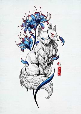 Fox with Mask and Blue Flowers