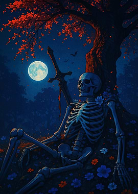 Resting Skeleton with Sword under Tree