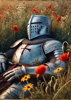 Knight Warrior Resting in Poppy Field