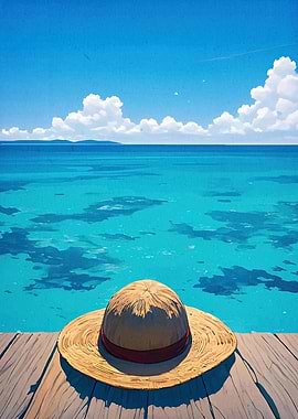 Straw hat wooden pier
