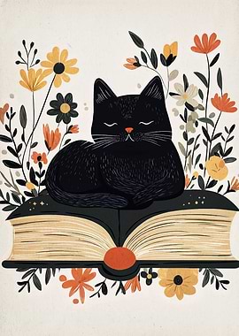 Black Cat on Book with Flowers