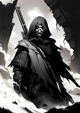 Monochrome hooded figure with rifle