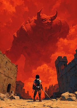 Hero Confronts Giant Demon in Ruins