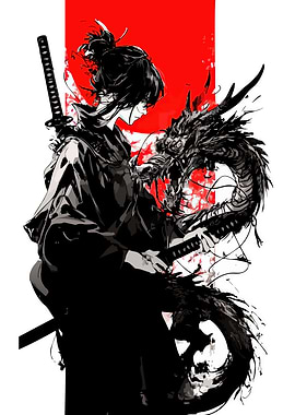 Samurai Girl with Dragon Illustration