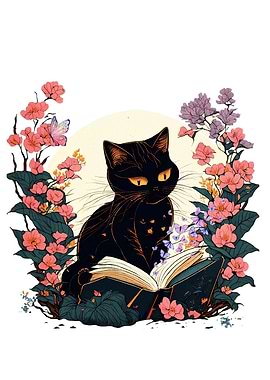 Black Cat Reading Book with Flowers