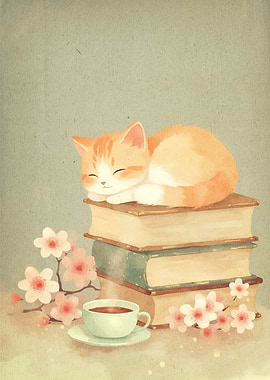 Sleeping Cat on Books with Tea