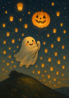 Cute Ghost with Pumpkin Lantern