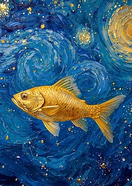 Golden Fish in Starry Night Painting
