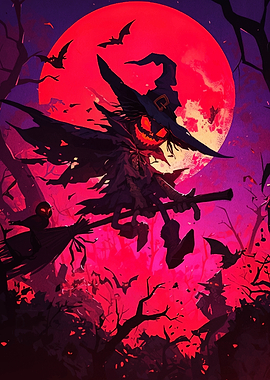 Halloween Witch Flying on Broomstick