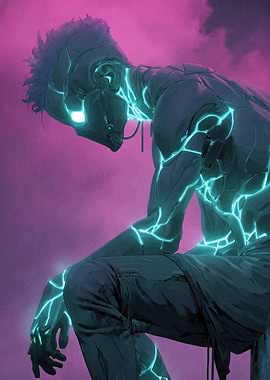 Cyberpunk Figure with Glowing Cracks