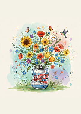 Floral Bloom in Crushed Can Watercolor
