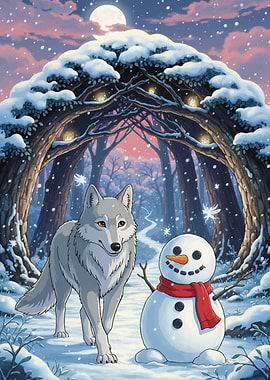 Wolf and Snowman in Winter Forest