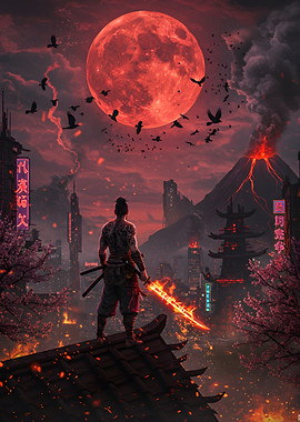 Cyberpunk Warrior with Fiery Sword