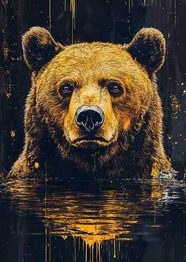 Bear Portrait in Water with Gold Accents