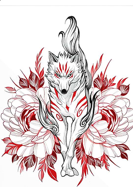 Okami Amaterasu Floral Ink Drawing