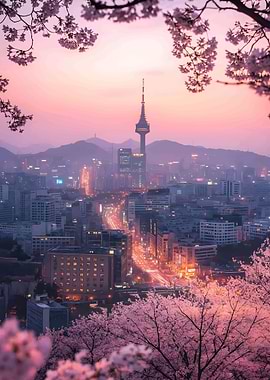 Seoul cityscape with cherry blossoms
