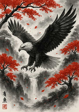 Eagle in Flight with Autumn Landscape