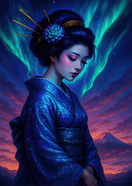 Geisha with Aurora Borealis Background