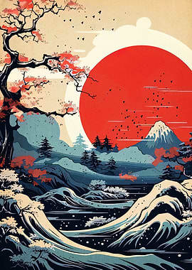 Japanese Landscape with Red Sun and Waves