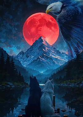 Wolves Eagle Blood Moon Landscape