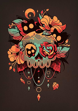 Floral Skull with Cat Eyes Illustration
