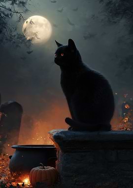 Halloween Night: Black Cat and Full Moon