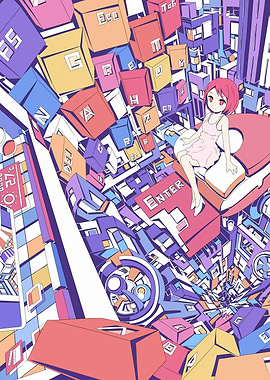 Anime Girl on Keyboard Key Cityscape