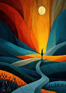 Colorful Landscape with Deer Silhouette