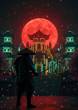 Cyberpunk Samurai with Red Moon