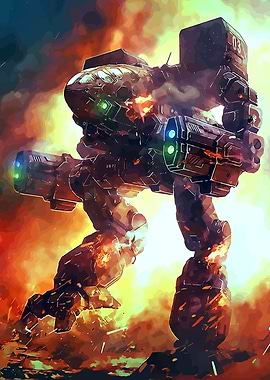 Mech Warrior in Fiery Battle