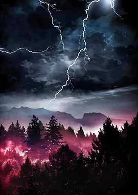 Dramatic Lightning Storm over Forest Landscape