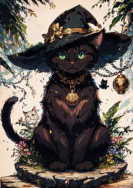 Black Cat Witch with Green Eyes