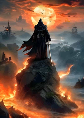 Dark hooded figure with sword on cliff