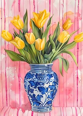 Yellow Tulips in Blue Vase Painting