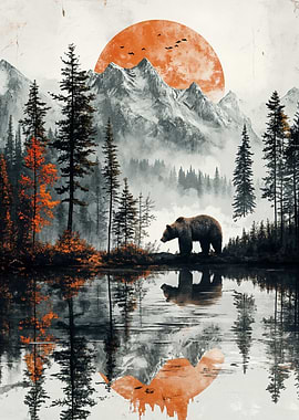 Bear in Mountain Lake Landscape
