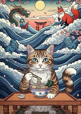 Cat ramen Japanese spirits