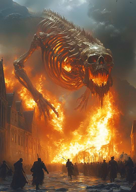 Fiery Skeleton Monster Over Burning City