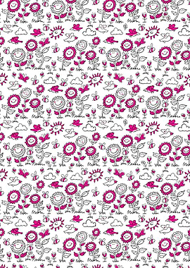 Floral Pattern with Smiling Flowers and Animals