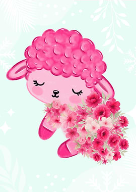 Cute Pink Sheep with Flowers