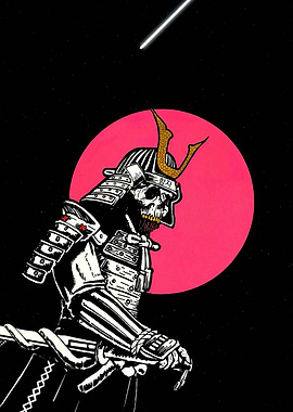 Samurai Skeleton with Pink Moon