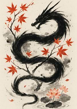 Dragon with Maple Leaves and Lotus