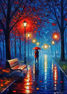 Rainy Park Romance Painting