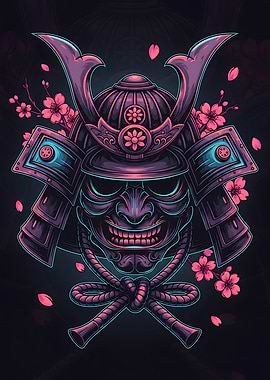 Japanese Aesthetics – Neon Samurai Helmet with Cherry Blossoms