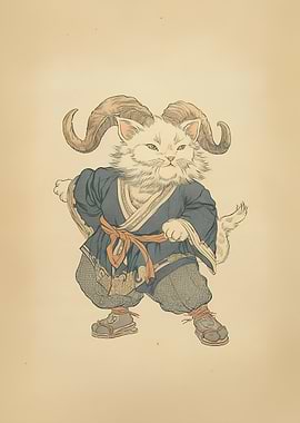 Capricorn Cat Ukiyo-e Poster | Japanese Zodiac Wall Art Print