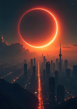Solar Eclipse Over Futuristic Cityscape