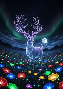 Luminous Deer in a Flower Field