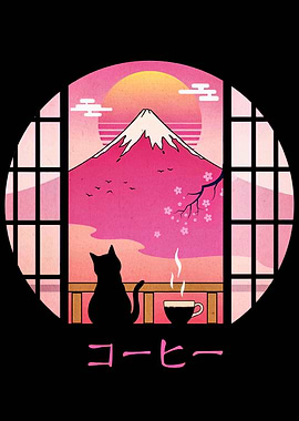 Cat, Coffee, and Mount Fuji Art