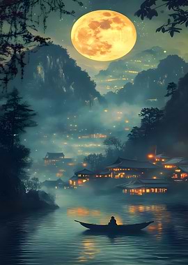 Mystical Asian Village Under Full Moon