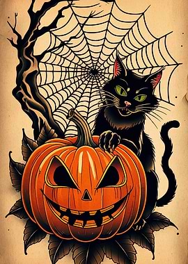 Halloween Black Cat and Pumpkin Illustration