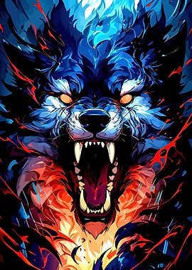 Fierce Blue Wolf with Fiery Aura